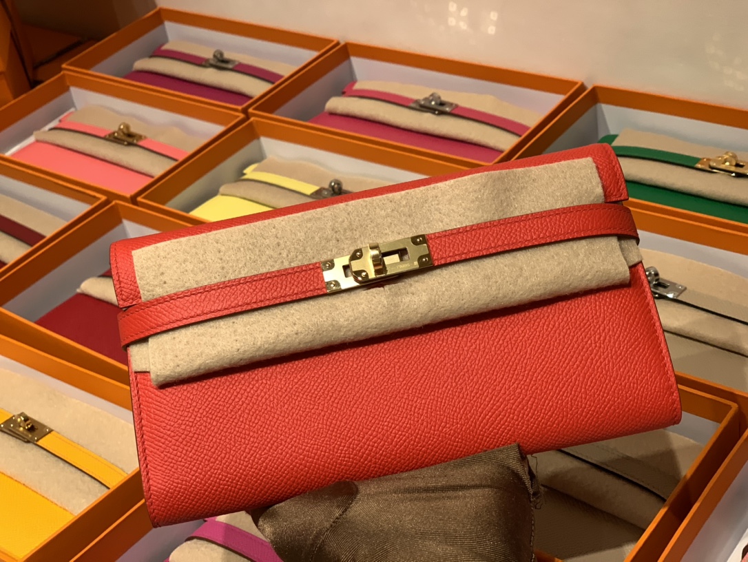 HERMES 爱马仕钱包官网 Kelly 经典钱包 epsom S3 心红 金扣