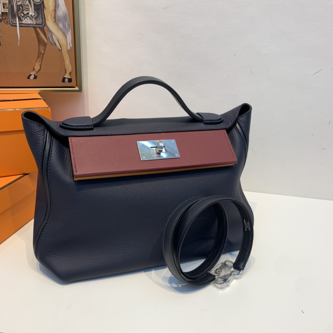 HERMES 爱马仕官网直销 订单 走秀款24/24 birkin和kelly完美结合、少了老kelly的硬朗 多了一份随性的休闲气息 togo皮质   午夜蓝拼宝石红拼太妃糖 银扣