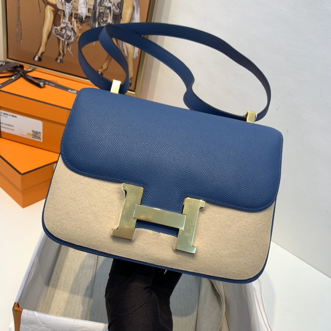 HERMES 爱马仕官网直销 订单 24 Constance  Epsom 皮  玛瑙蓝拼海鸥灰 金扣