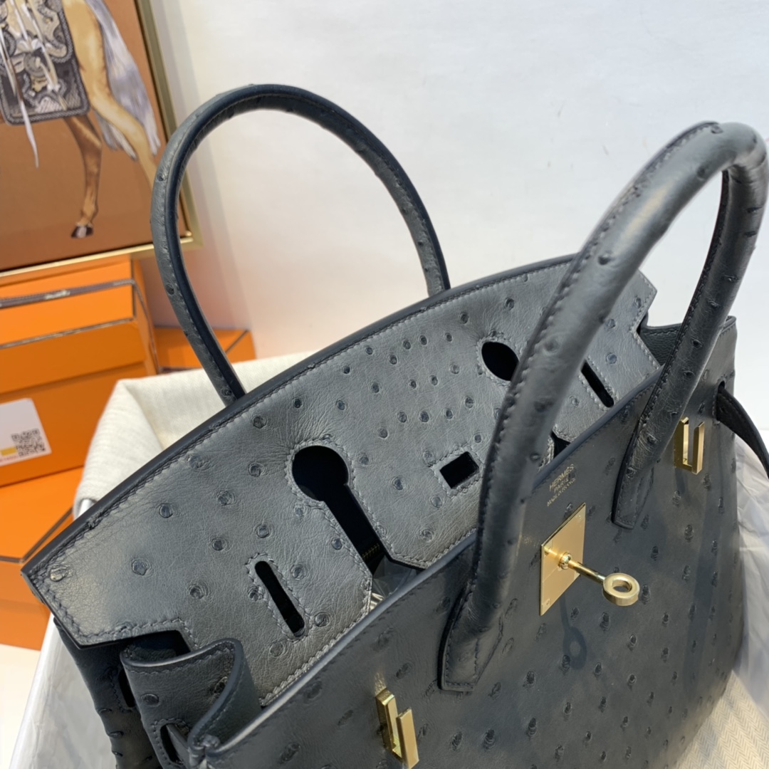 HERMES 订单 30铂金 鸵鸟皮  锡器灰 金扣