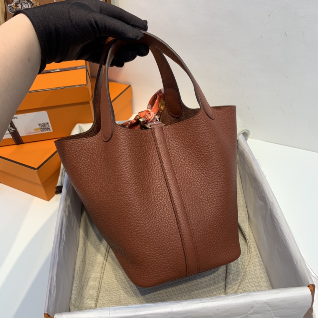 HERMES 爱马仕官网直销 现货  picotin 菜蓝子  Clemence 皮  6C 古铜色 金扣