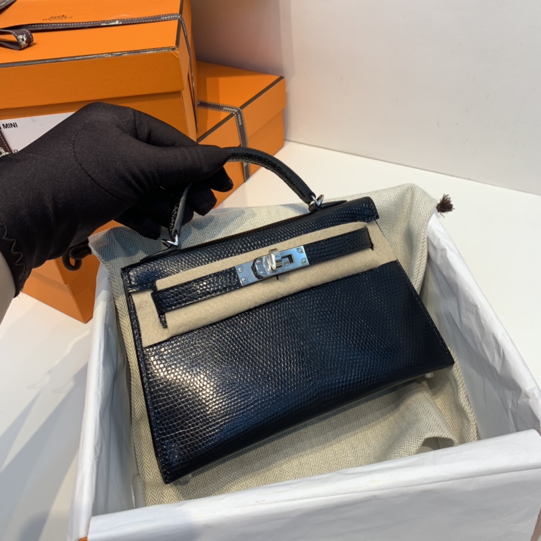 HERMES 爱马仕 订单  Mini Kelly 二代 蜥蜴皮  89黑色银扣