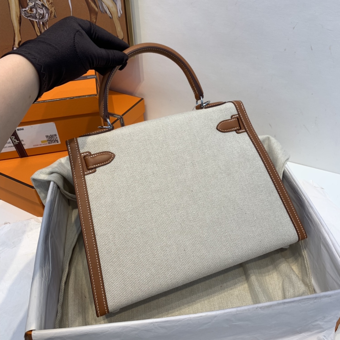爱马仕 限量款 kelly 28cm  耐看帅气的款式 真的越看越好看 超级酷 Swift/Toile H 37-金棕色 银扣