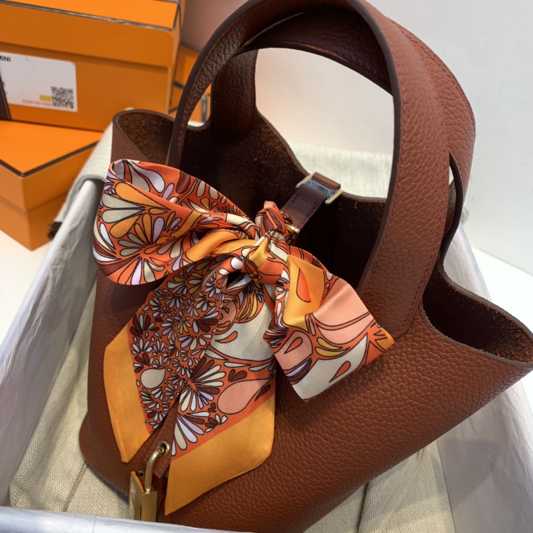 HERMES 爱马仕官网直销 现货  picotin 菜蓝子  Clemence 皮  6C 古铜色 金扣