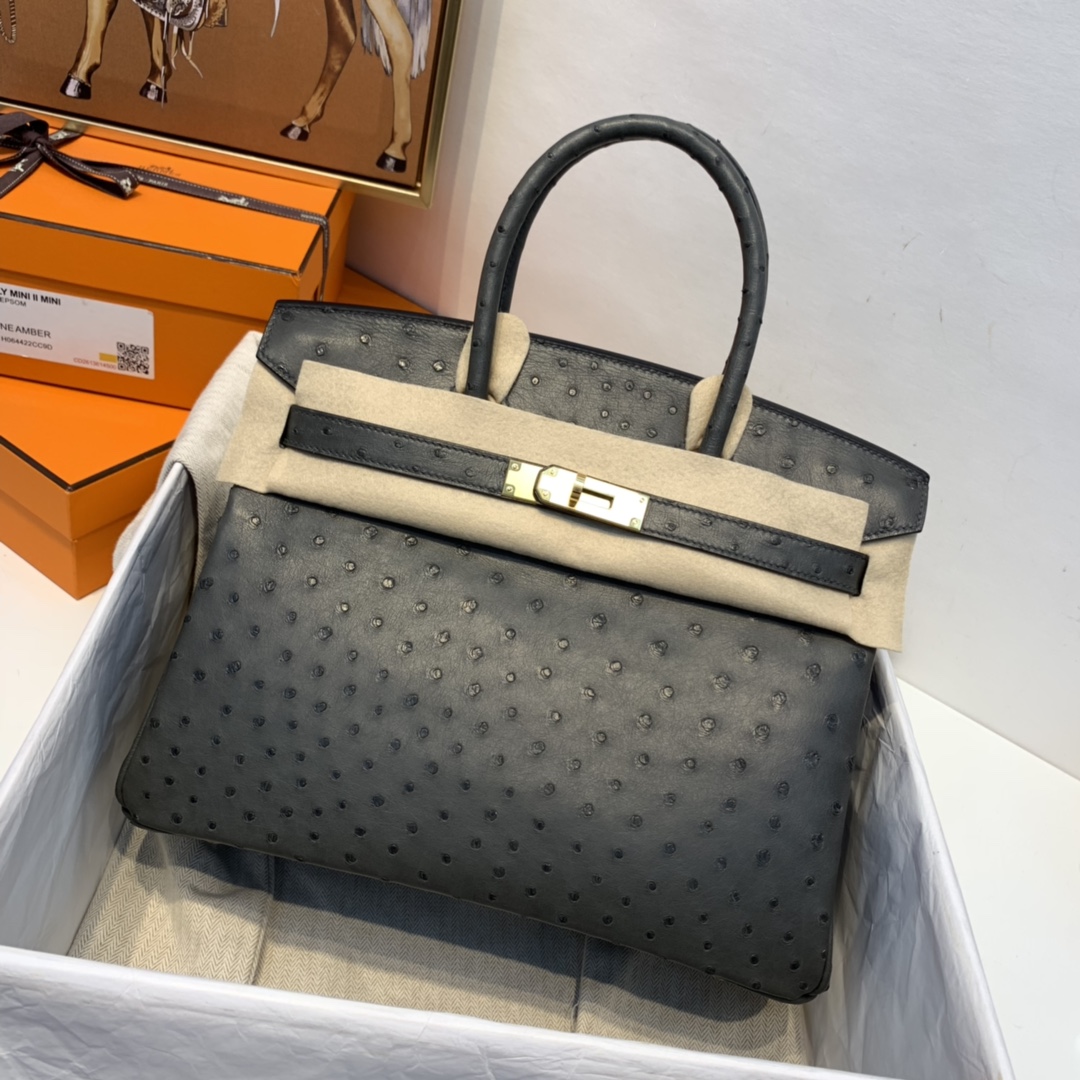 HERMES 订单 30铂金 鸵鸟皮  锡器灰 金扣