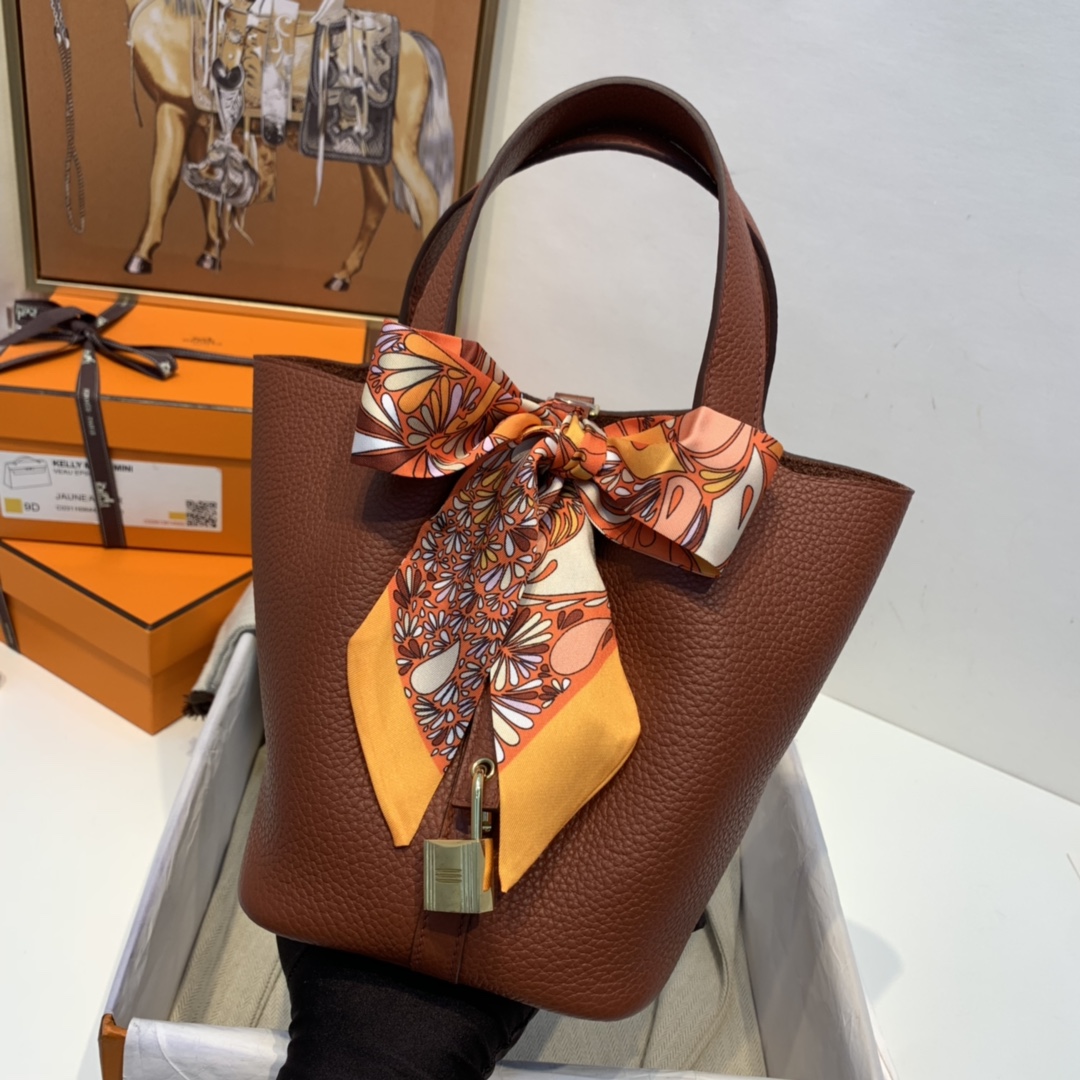 HERMES 爱马仕官网直销 现货  picotin 菜蓝子  Clemence 皮  6C 古铜色 金扣