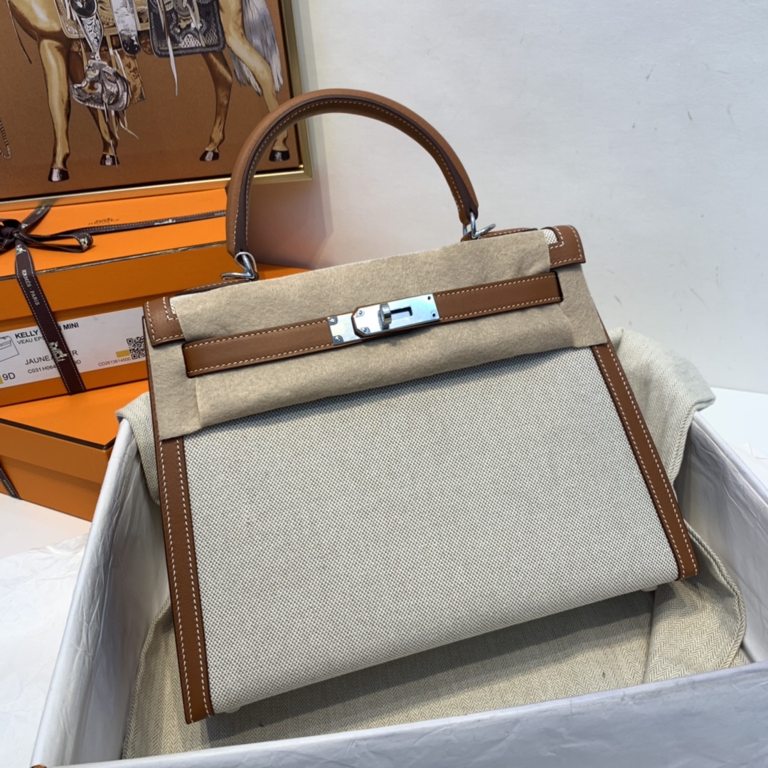 爱马仕 限量款 kelly 28cm  耐看帅气的款式 真的越看越好看 超级酷 Swift/Toile H 37-金棕色 银扣