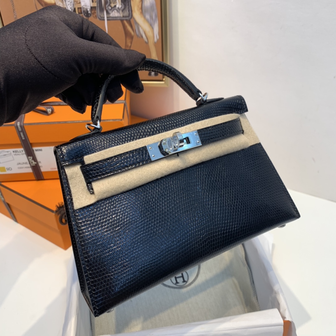 HERMES 爱马仕 订单  Mini Kelly 二代 蜥蜴皮  89黑色银扣