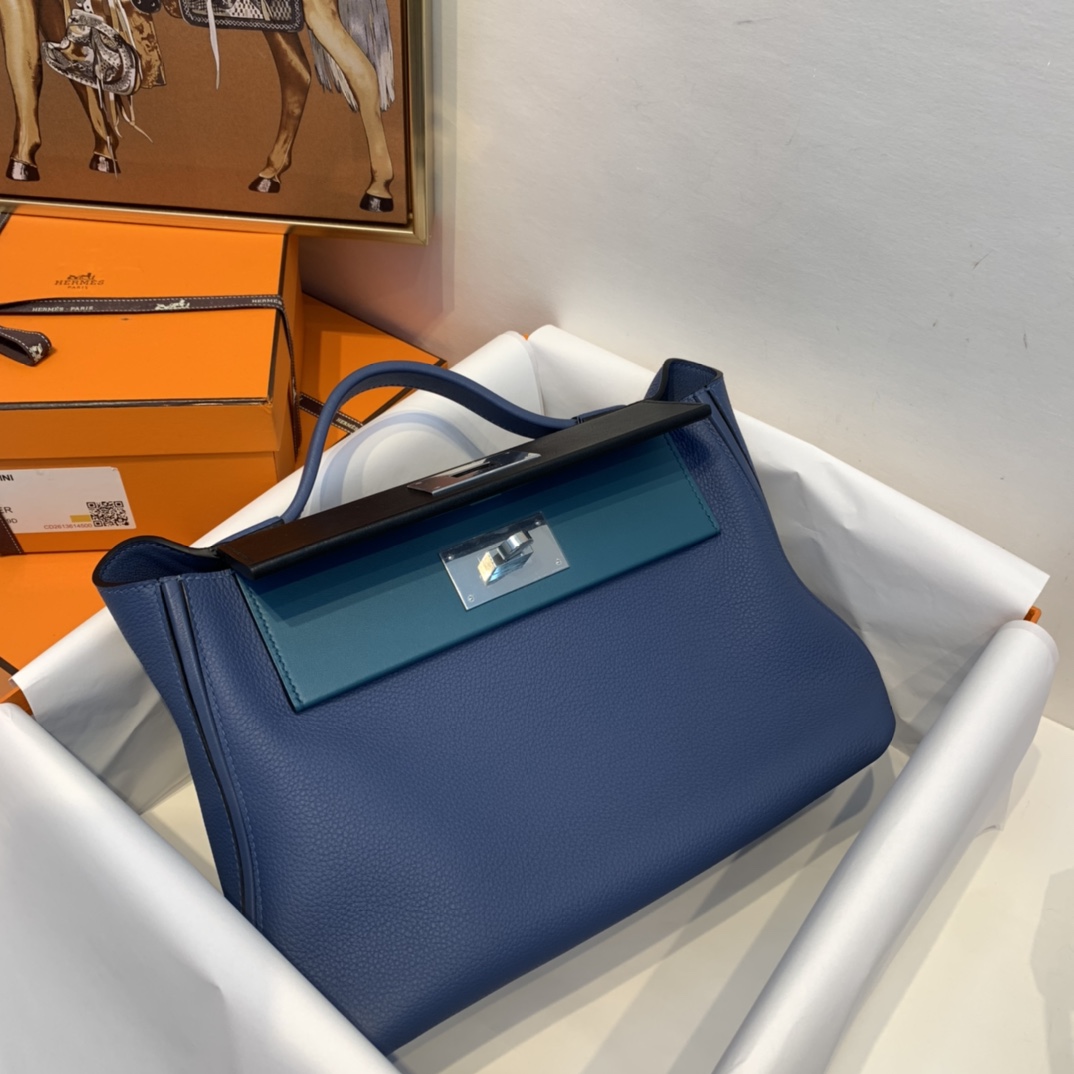 HERMES 爱马仕官网直销 订单 走秀款24/24 birkin和kelly完美结合、少了老kelly的硬朗 多了一份随性的休闲气息 togo皮质 明蓝拼黑色拼伊蓝