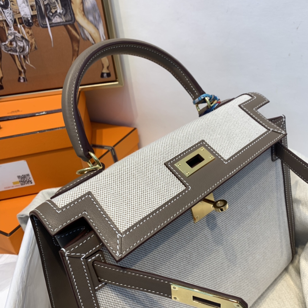 爱马仕 限量款 kelly 28cm  耐看帅气的款式 真的越看越好看 超级酷 Swift/Toile H 37-大象灰 金扣