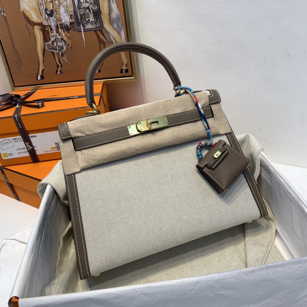 爱马仕 限量款 kelly 28cm  耐看帅气的款式 真的越看越好看 超级酷 Swift/Toile H 37-大象灰 金扣