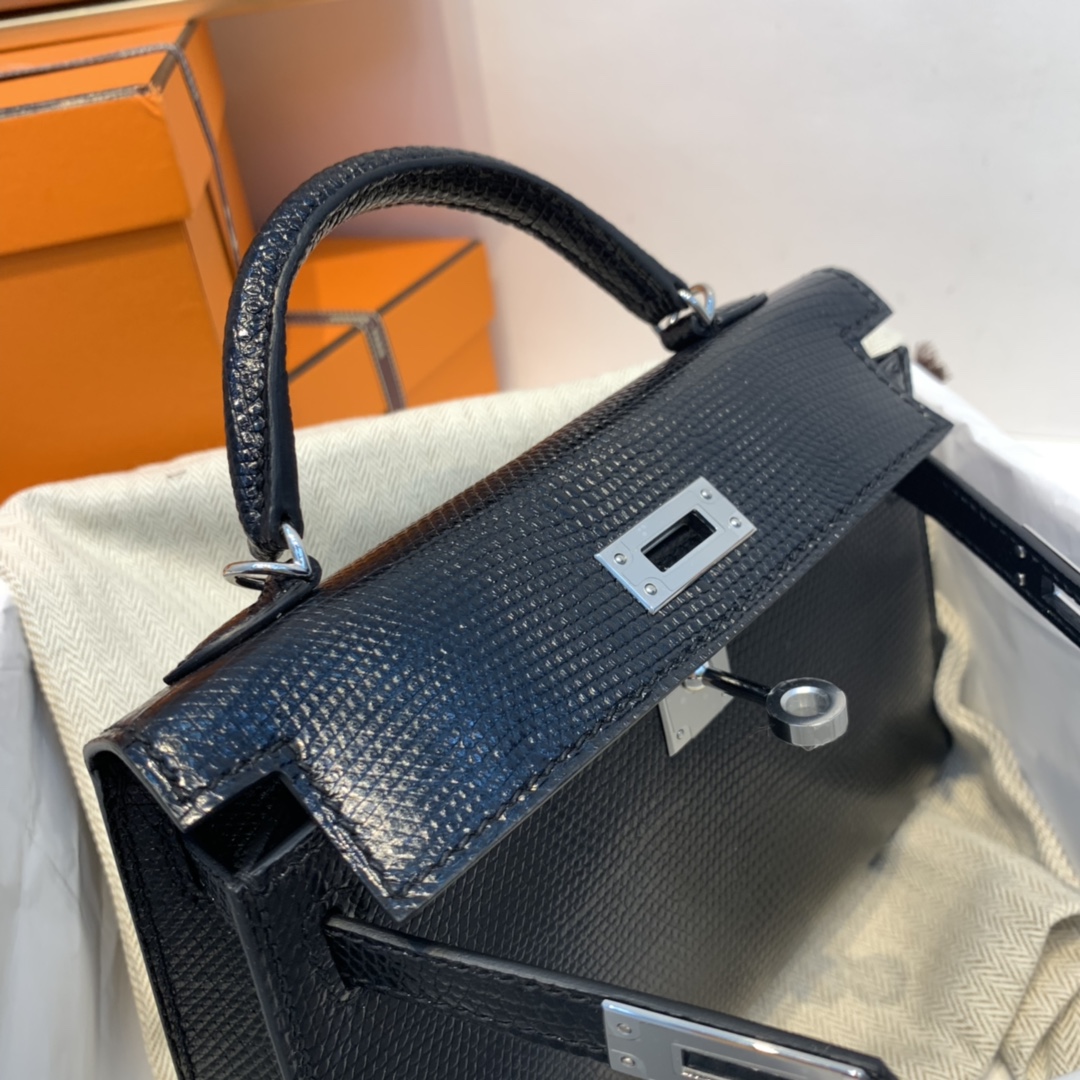 HERMES 爱马仕 订单  Mini Kelly 二代 蜥蜴皮  89黑色银扣
