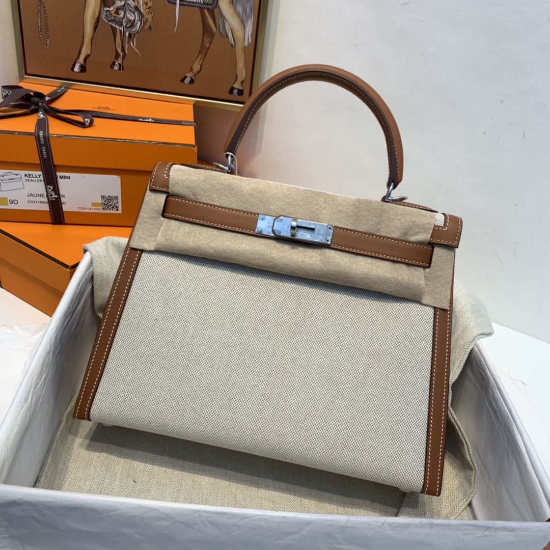 爱马仕 限量款 kelly 28cm  耐看帅气的款式 真的越看越好看 超级酷 Swift/Toile H 37-金棕色 银扣
