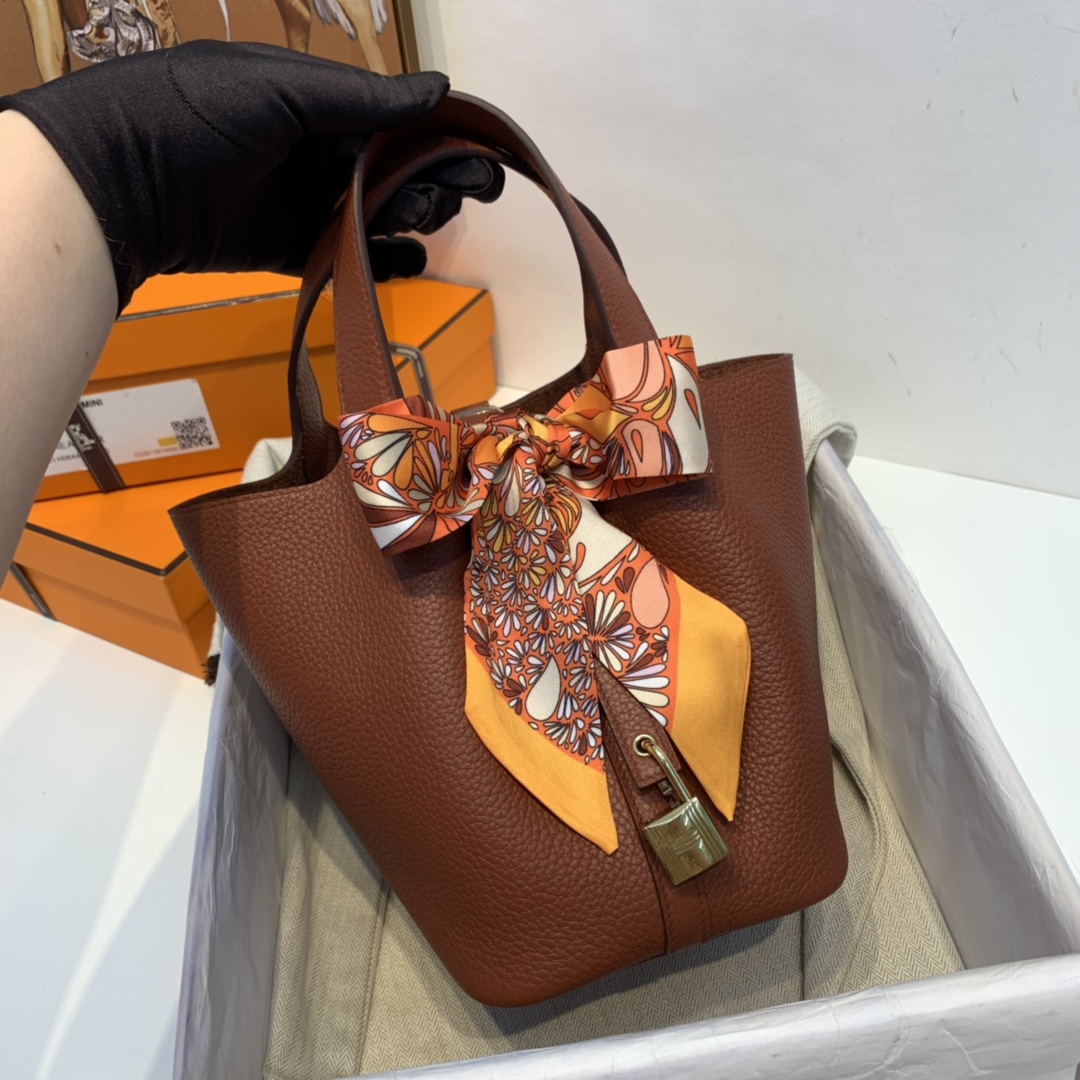 HERMES 爱马仕官网直销 现货  picotin 菜蓝子  Clemence 皮  6C 古铜色 金扣