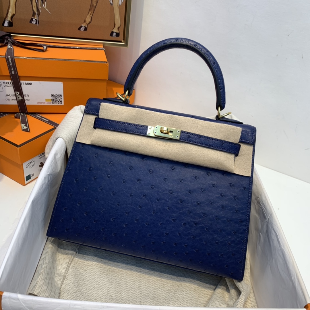 HERMES kelly 25cm  南非kk鸵鸟皮ostrich 总能虏获一众时尚人士的青睐！上身只能“高级”两字来形容  73-宝石蓝 金扣