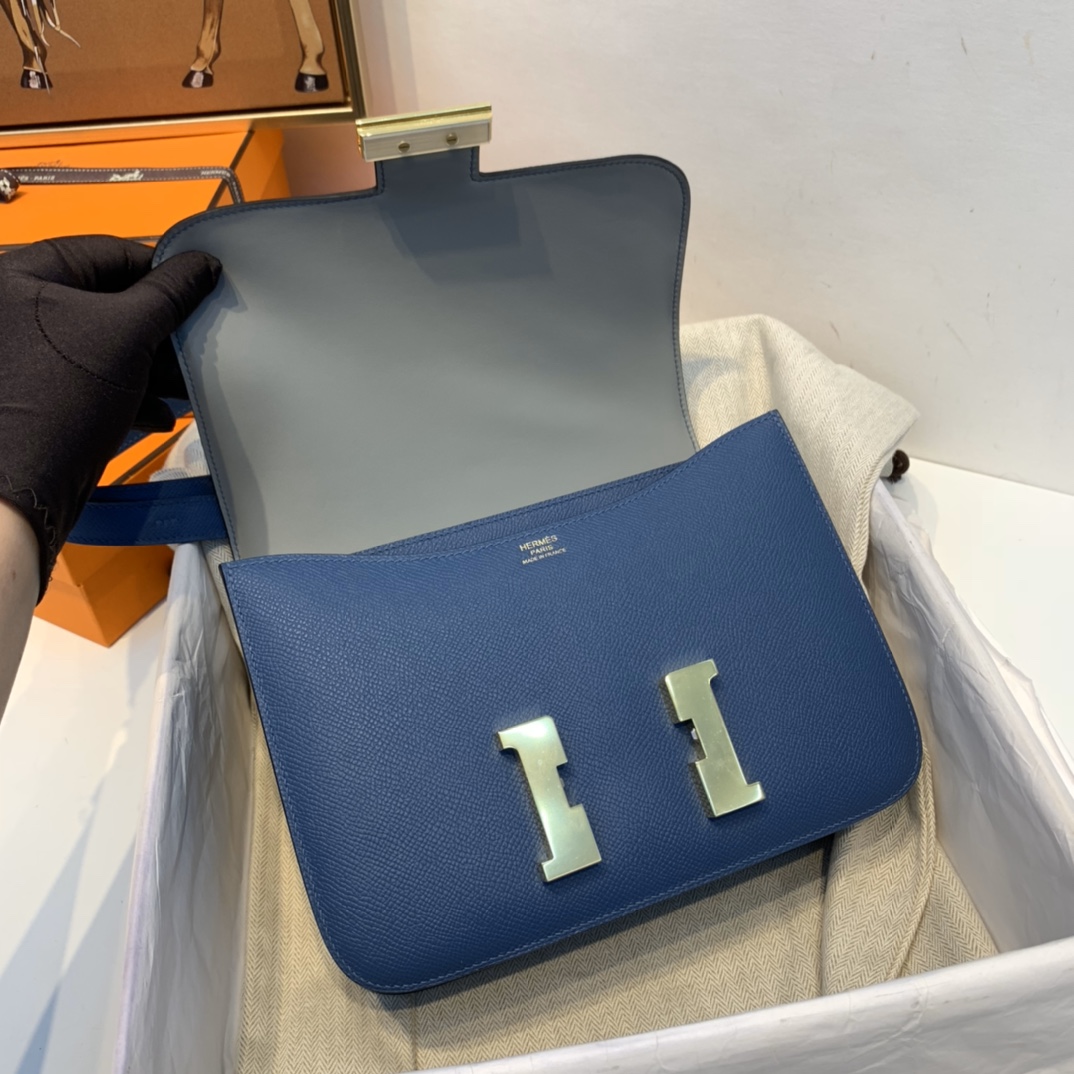 HERMES 爱马仕官网直销 订单 24 Constance  Epsom 皮  玛瑙蓝拼海鸥灰 金扣