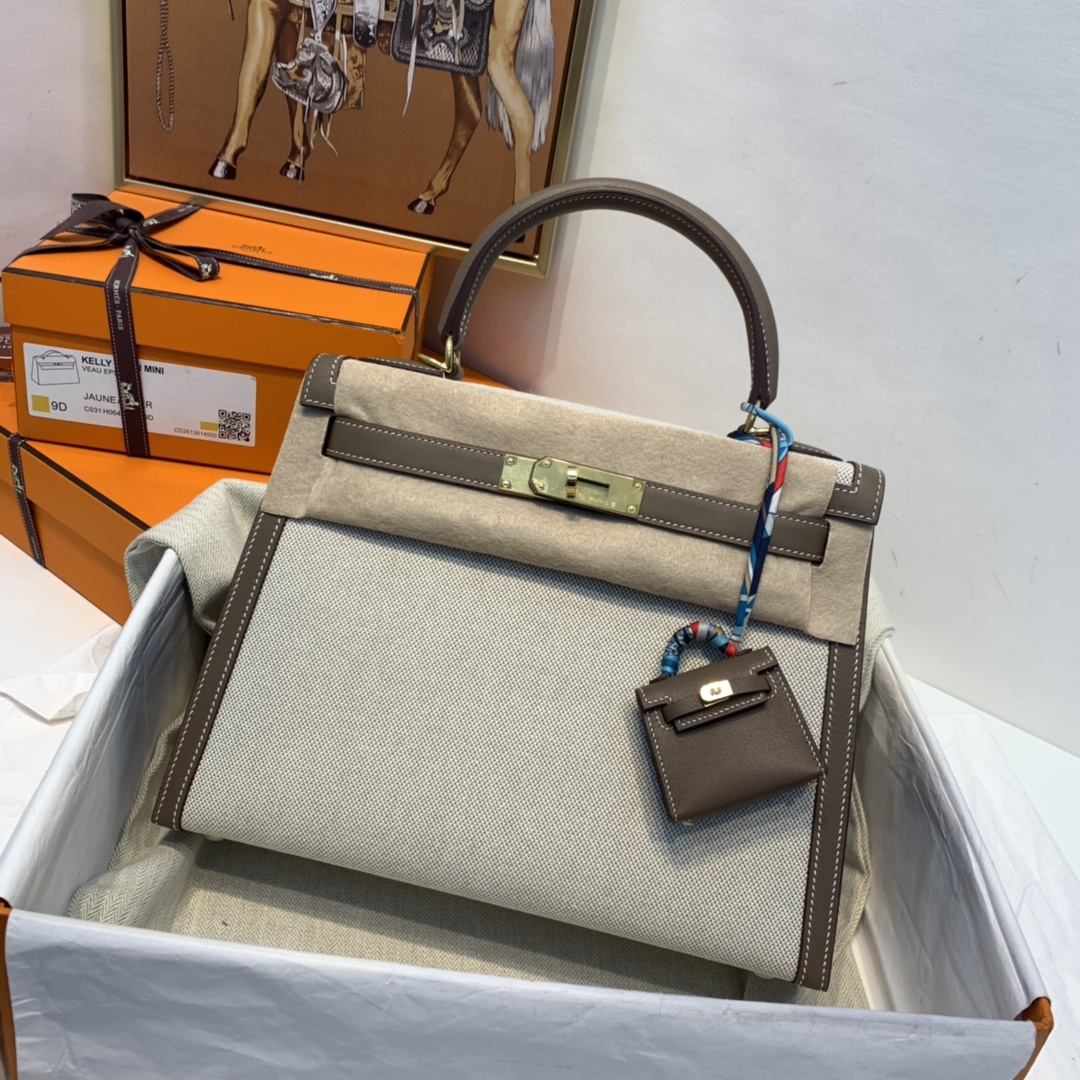 爱马仕 限量款 kelly 28cm  耐看帅气的款式 真的越看越好看 超级酷 Swift/Toile H 37-大象灰 金扣