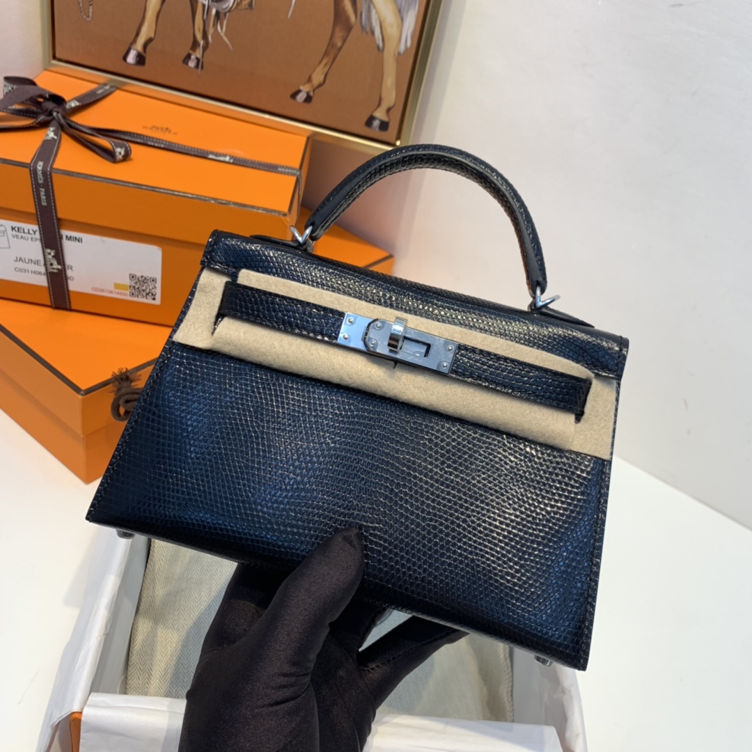 HERMES 爱马仕 订单  Mini Kelly 二代 蜥蜴皮  89黑色银扣