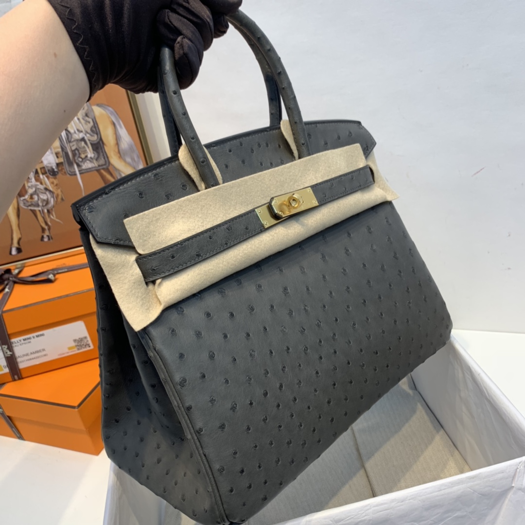 HERMES 订单 30铂金 鸵鸟皮  锡器灰 金扣