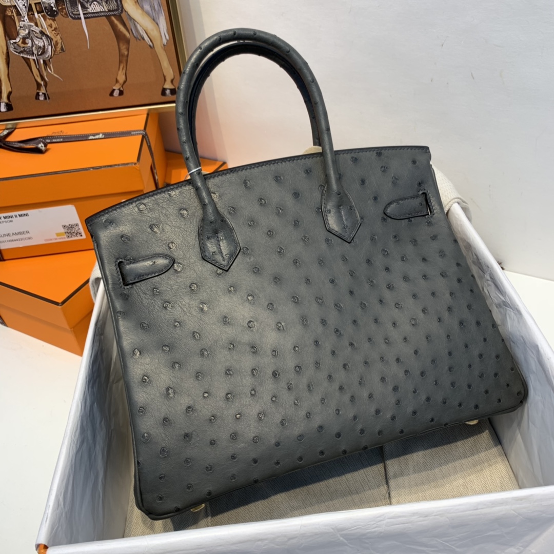 HERMES 订单 30铂金 鸵鸟皮  锡器灰 金扣