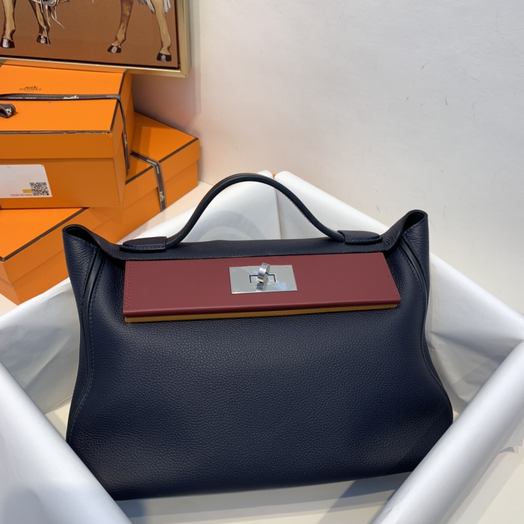 HERMES 爱马仕官网直销 订单 走秀款24/24 birkin和kelly完美结合、少了老kelly的硬朗 多了一份随性的休闲气息 togo皮质   午夜蓝拼宝石红拼太妃糖 银扣