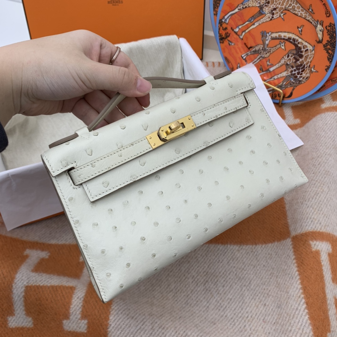 香港爱马仕 22 Kelly pochette一代  稀有鸵鸟皮 手包晚宴包的首选，高级范 配上猪鼻子链子秒变小挎包哦  10 奶昔白 金扣