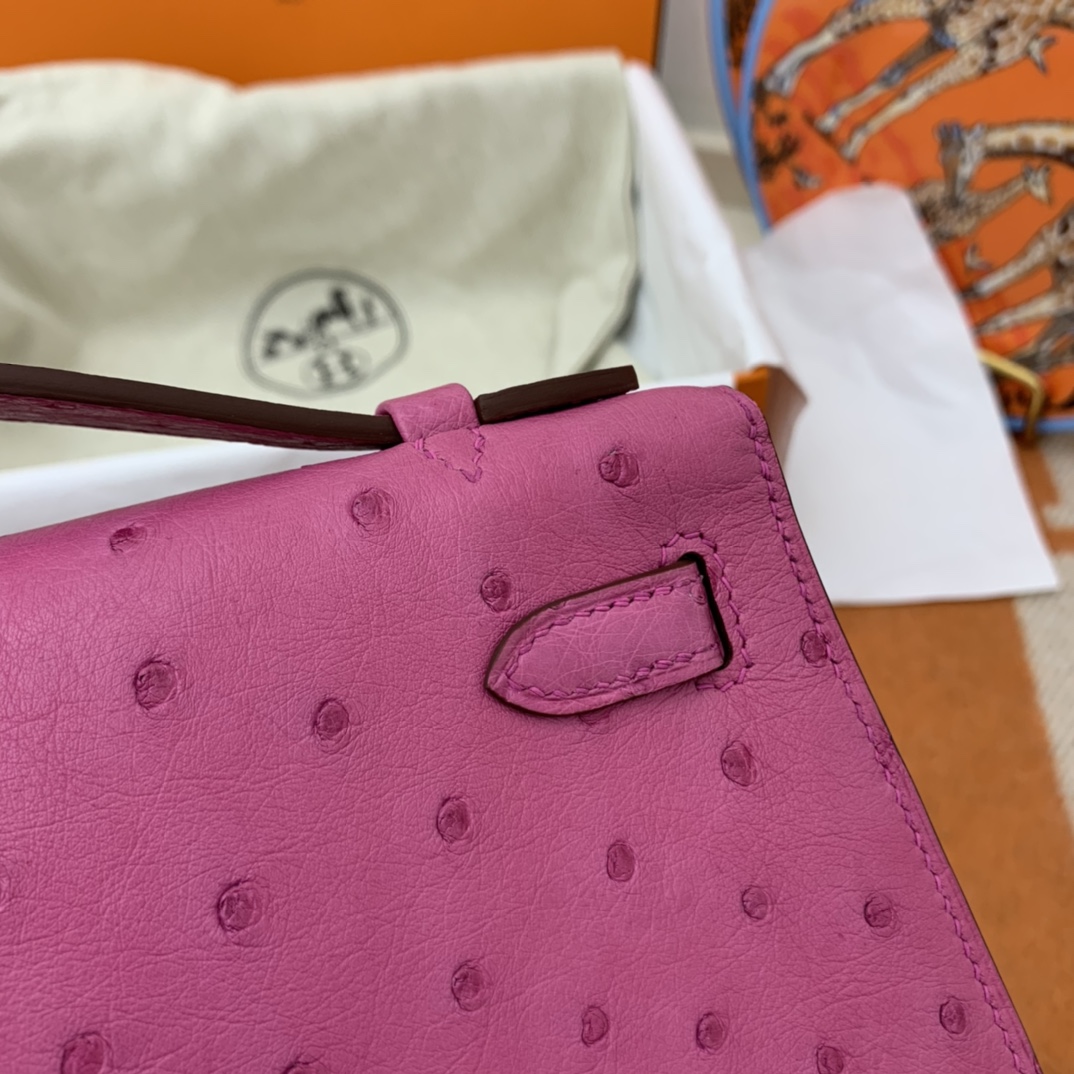 HERMES 22 Kelly pochette一代  稀有鸵鸟皮 手包晚宴包的首选，高级范 配上猪鼻子链子秒变小挎包哦  i9 玉兰粉