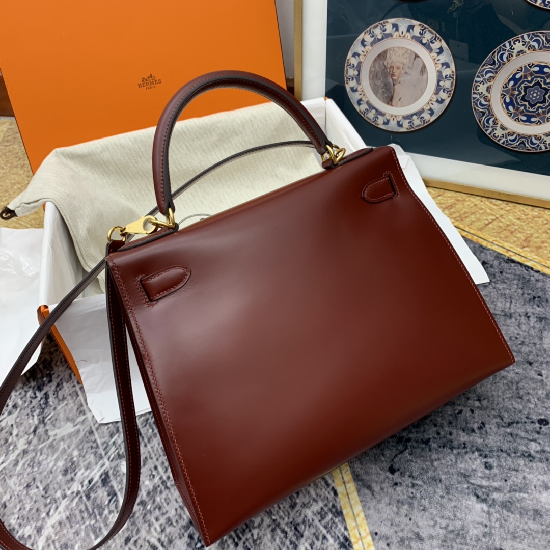 香港爱马仕官网 kelly 28cm  box皮 57酒红 金扣