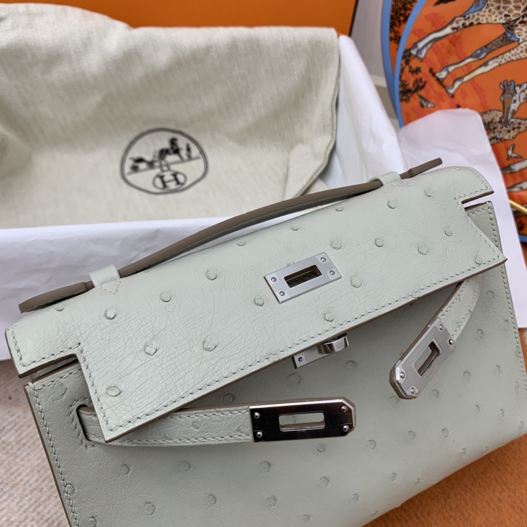 HERMES 22 Kelly pochette一代 稀有鸵鸟皮 手包晚宴包的首选，高级范 配上猪鼻子链子秒变小挎包哦 80 珍珠灰