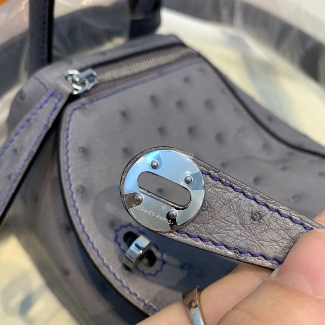香港爱马仕 订单 极品 mini Lindy 南非KK ostrich皮 玛瑙灰拼电光蓝 银扣