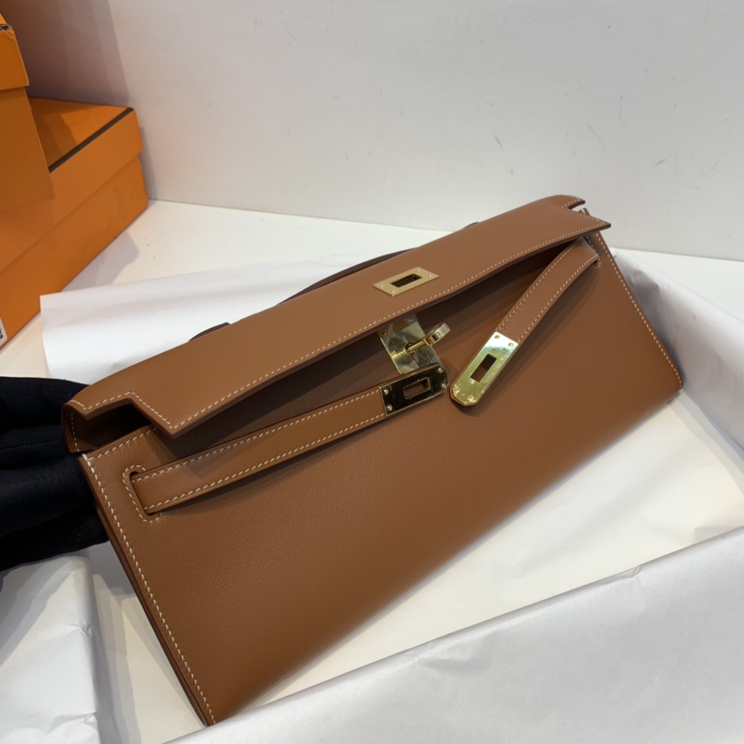 Hermes kelly cut 31cm 晚宴气质手拿包 非常干练又时髦 swift皮  37-金棕 金扣