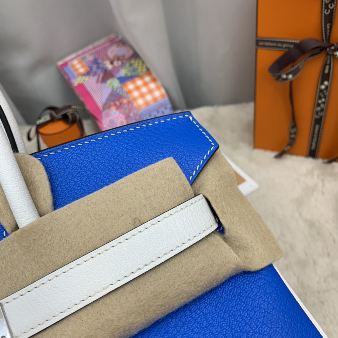 香港爱马仕官网 30 birkin  山羊皮  7Q希腊蓝拼 01 纯白 马蹄印