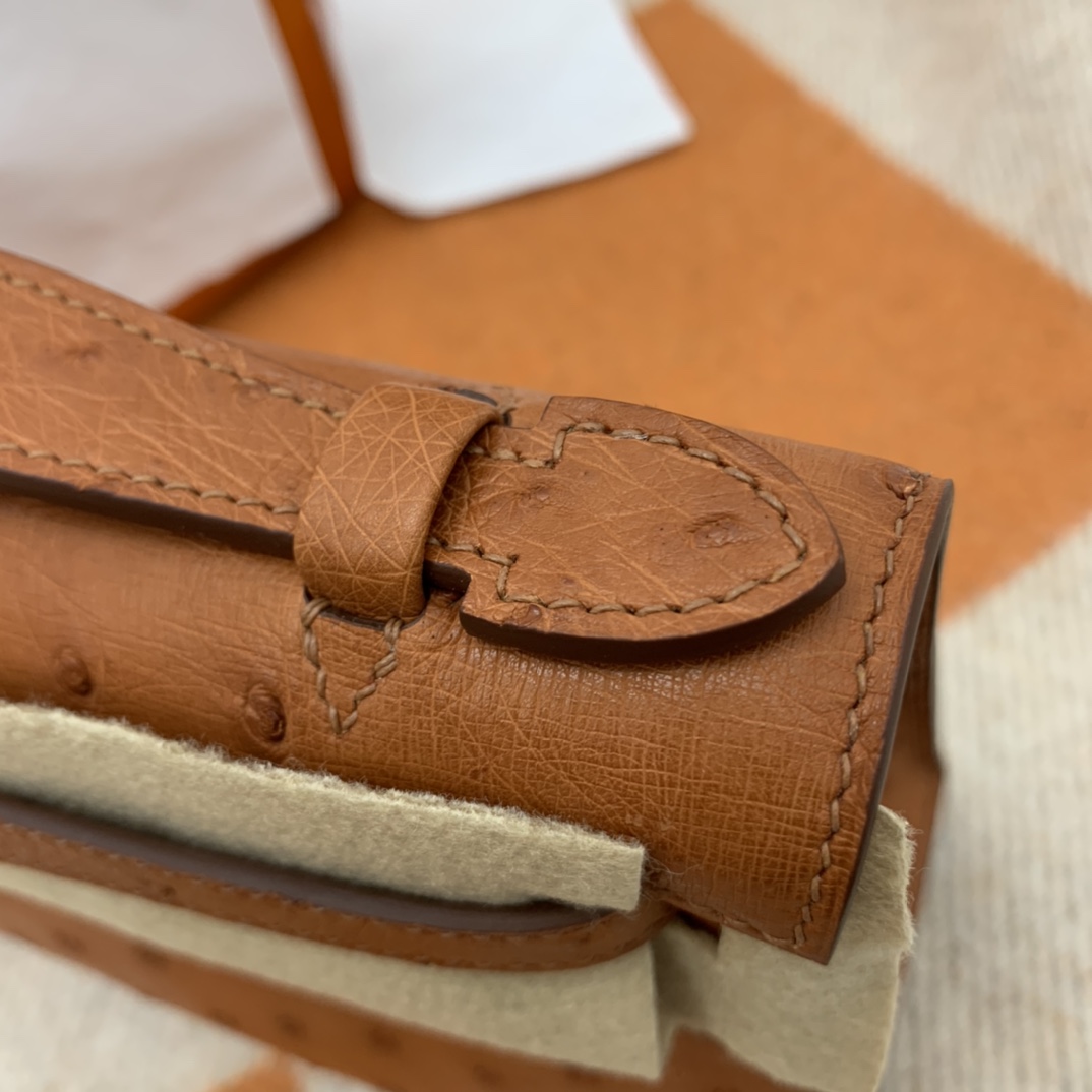 Hermes 22 Kelly pochette一代  稀有鸵鸟皮 手包晚宴包的首选，高级范 配上猪鼻子链子秒变小挎包哦  37 金棕色 百搭金刚大色