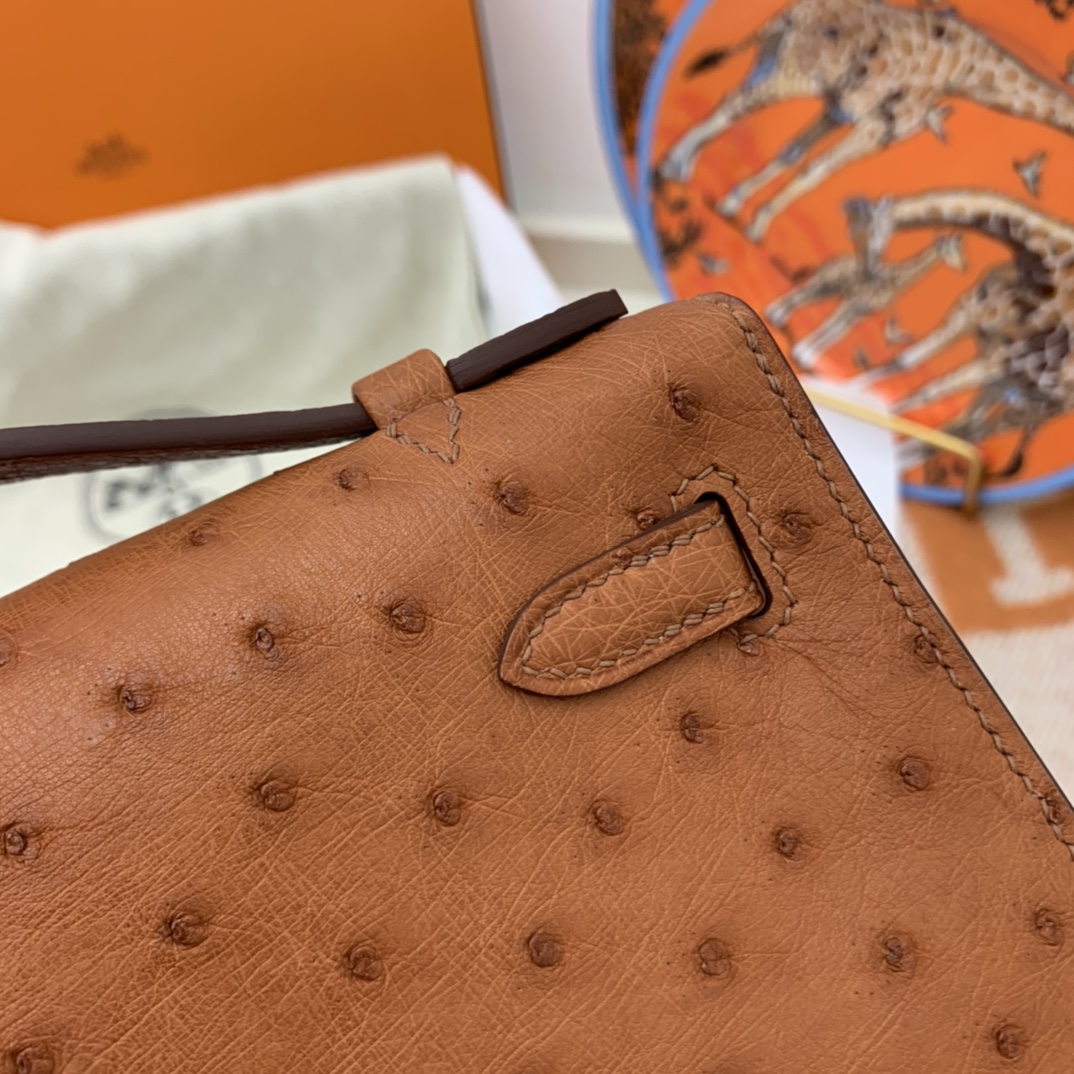 Hermes 22 Kelly pochette一代  稀有鸵鸟皮 手包晚宴包的首选，高级范 配上猪鼻子链子秒变小挎包哦  37 金棕色 百搭金刚大色