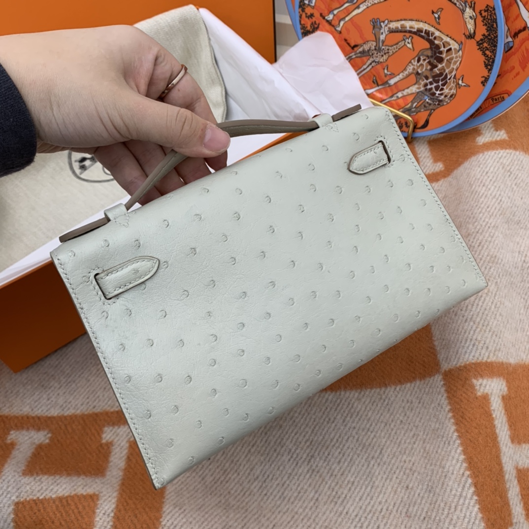 HERMES 22 Kelly pochette一代 稀有鸵鸟皮 手包晚宴包的首选，高级范 配上猪鼻子链子秒变小挎包哦 80 珍珠灰