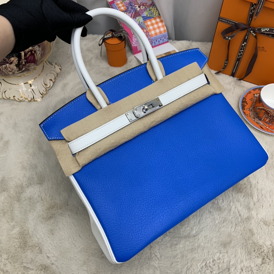 香港爱马仕官网 30 birkin  山羊皮  7Q希腊蓝拼 01 纯白 马蹄印