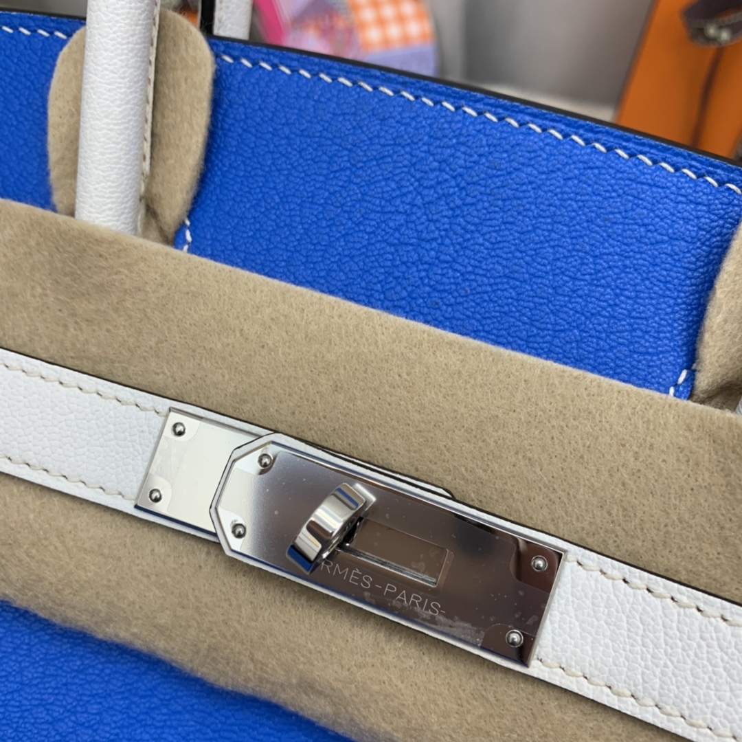 香港爱马仕官网 30 birkin  山羊皮  7Q希腊蓝拼 01 纯白 马蹄印