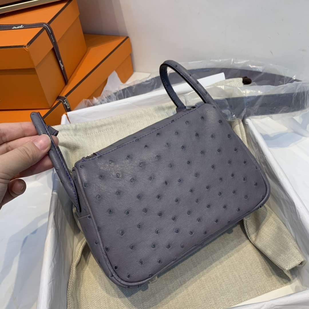 香港爱马仕 订单 极品 mini Lindy 南非KK ostrich皮 玛瑙灰拼电光蓝 银扣