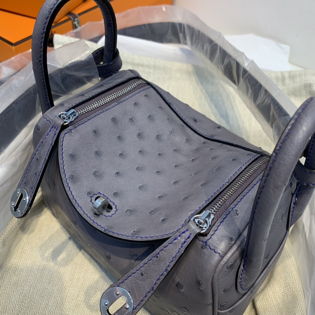 香港爱马仕 订单 极品 mini Lindy 南非KK ostrich皮 玛瑙灰拼电光蓝 银扣