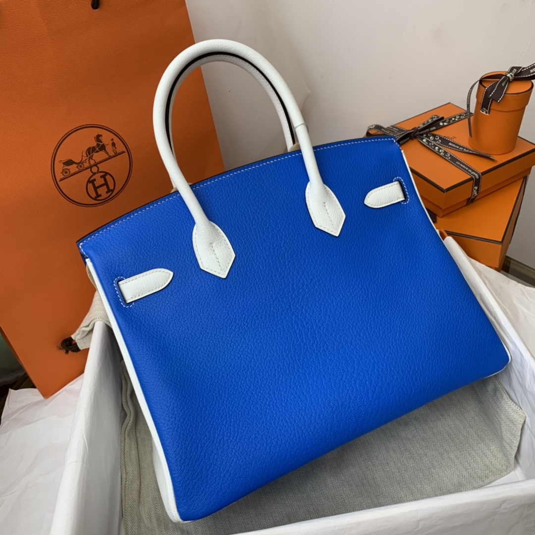 HERMES 爱马仕 birkin 30cm  chevre mysore 山羊皮 7Q希腊蓝拼纯白 银扣 适合网红小姐姐 街拍更加好看 显的独一无二！
