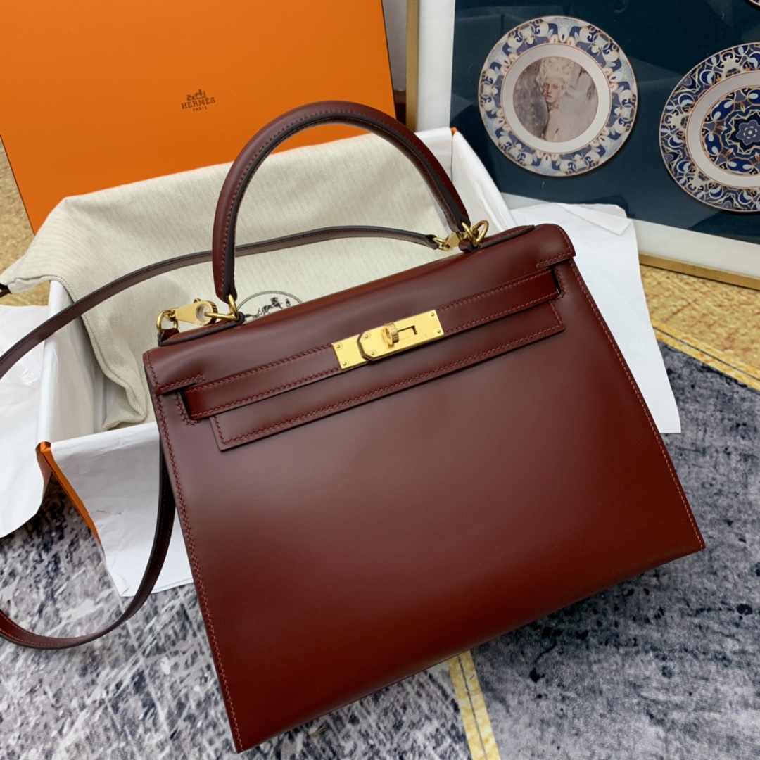 香港爱马仕官网 kelly 28cm  box皮 57酒红 金扣