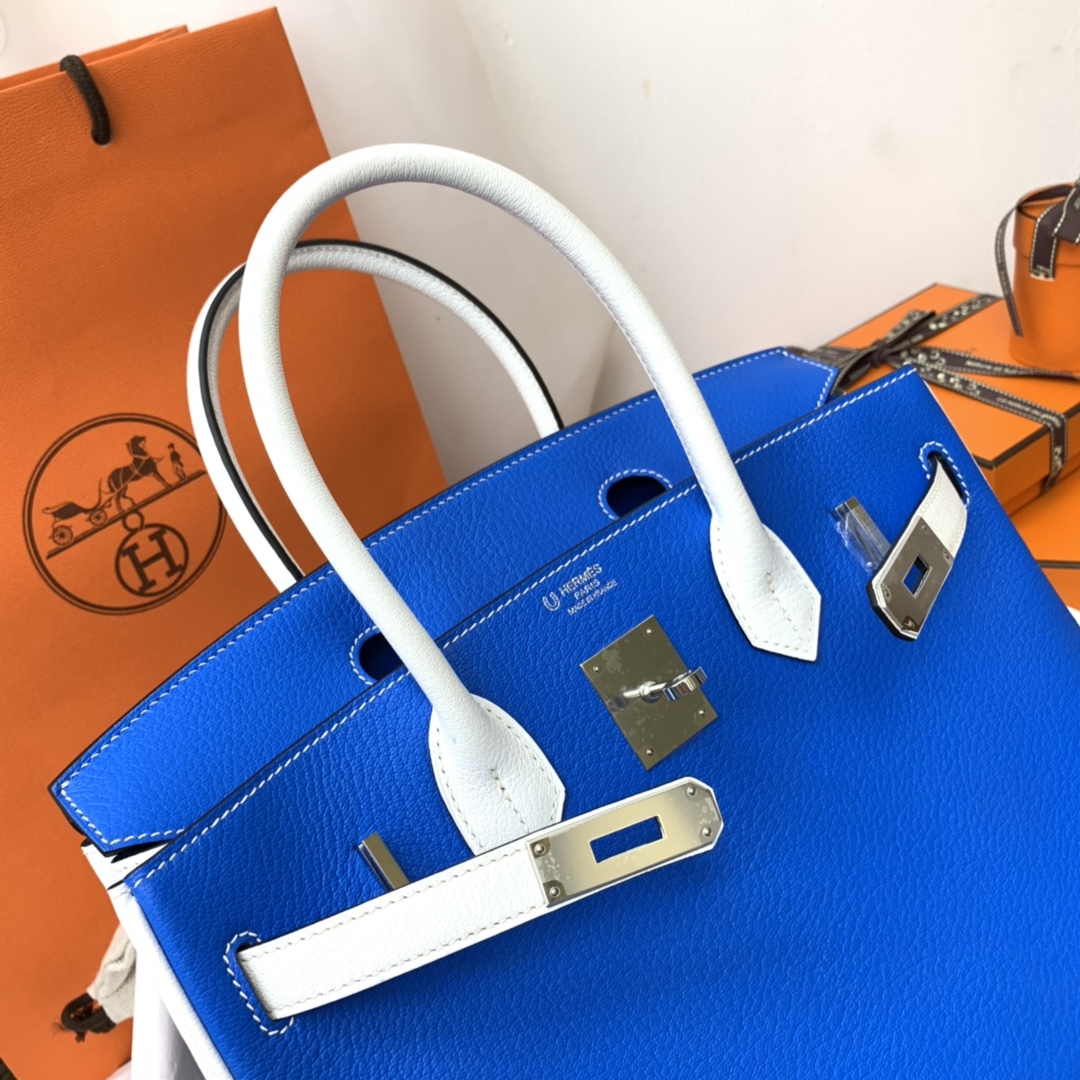 HERMES 爱马仕 birkin 30cm  chevre mysore 山羊皮 7Q希腊蓝拼纯白 银扣 适合网红小姐姐 街拍更加好看 显的独一无二！