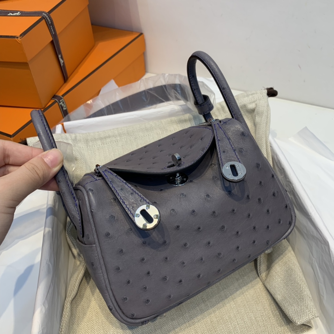 香港爱马仕 订单 极品 mini Lindy 南非KK ostrich皮 玛瑙灰拼电光蓝 银扣
