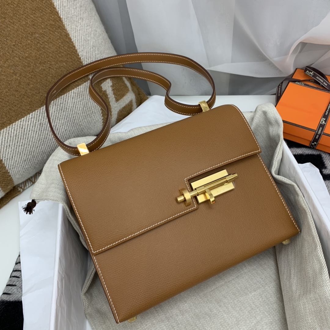 HERMES verrou 21cm 可斜跨 可肩背 好有气质的一款 原厂epsom皮 37金棕色 金扣