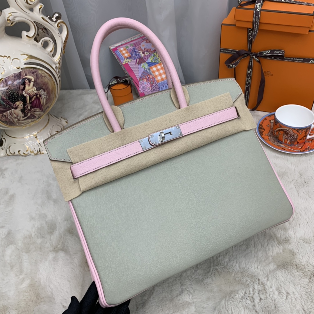 香港爱马仕官网 30 birkin  山羊皮  80珍珠灰拼 3Q粉  银扣