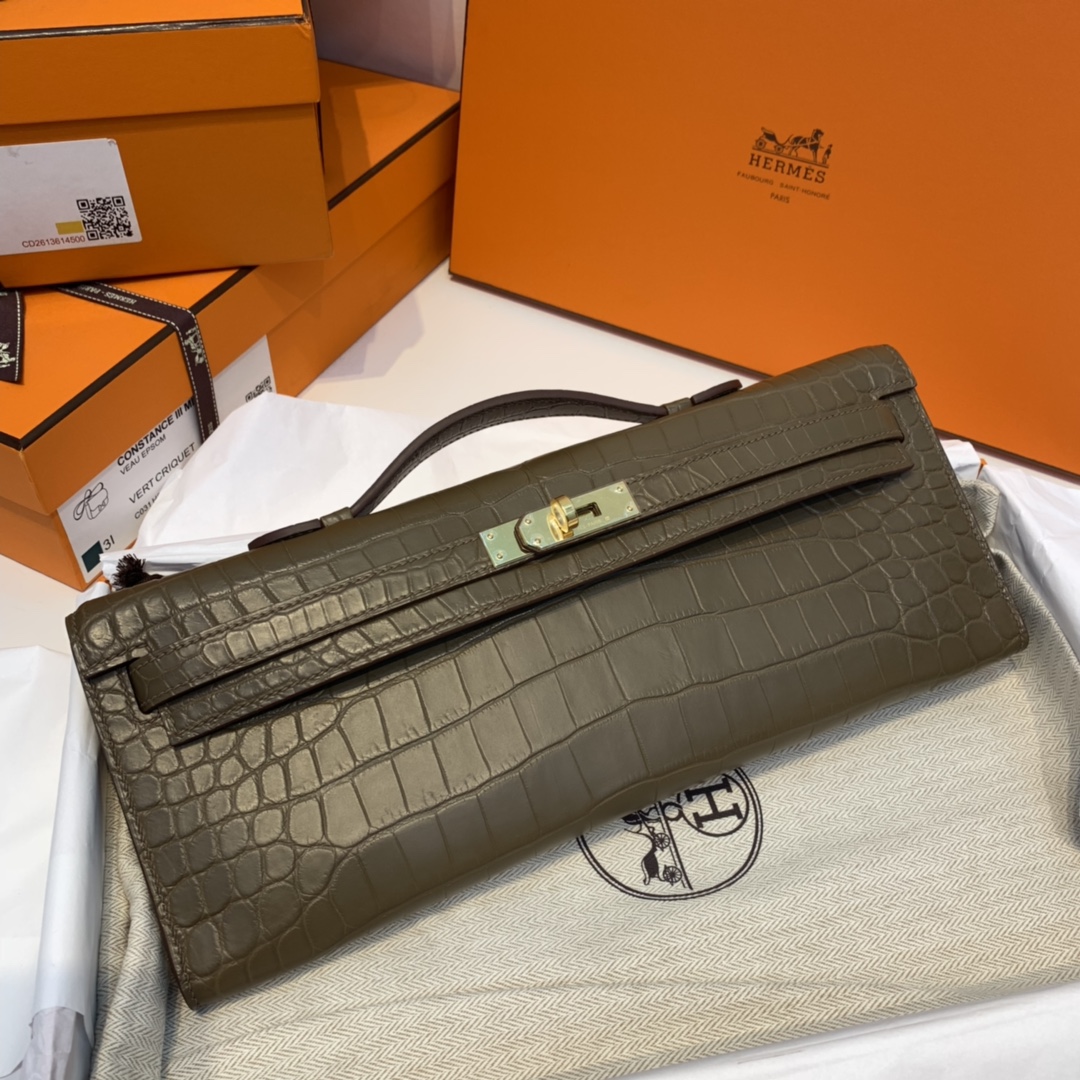 HERMES kelly cut 晚宴气质手拿包 绝对的贵妇必备！  哑光Alligator crocodile 美洲鳄鱼  M1 新大象灰 金扣