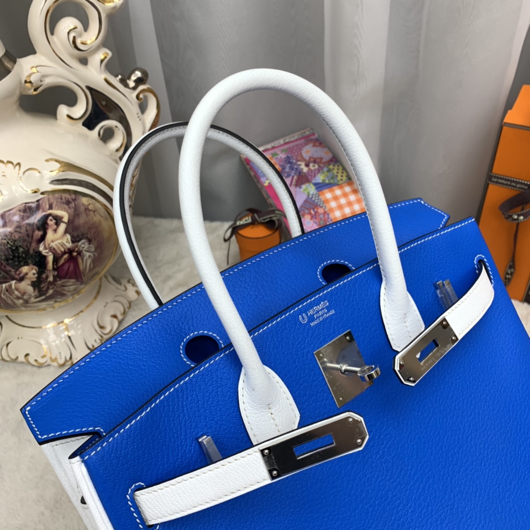 香港爱马仕官网 30 birkin  山羊皮  7Q希腊蓝拼 01 纯白 马蹄印