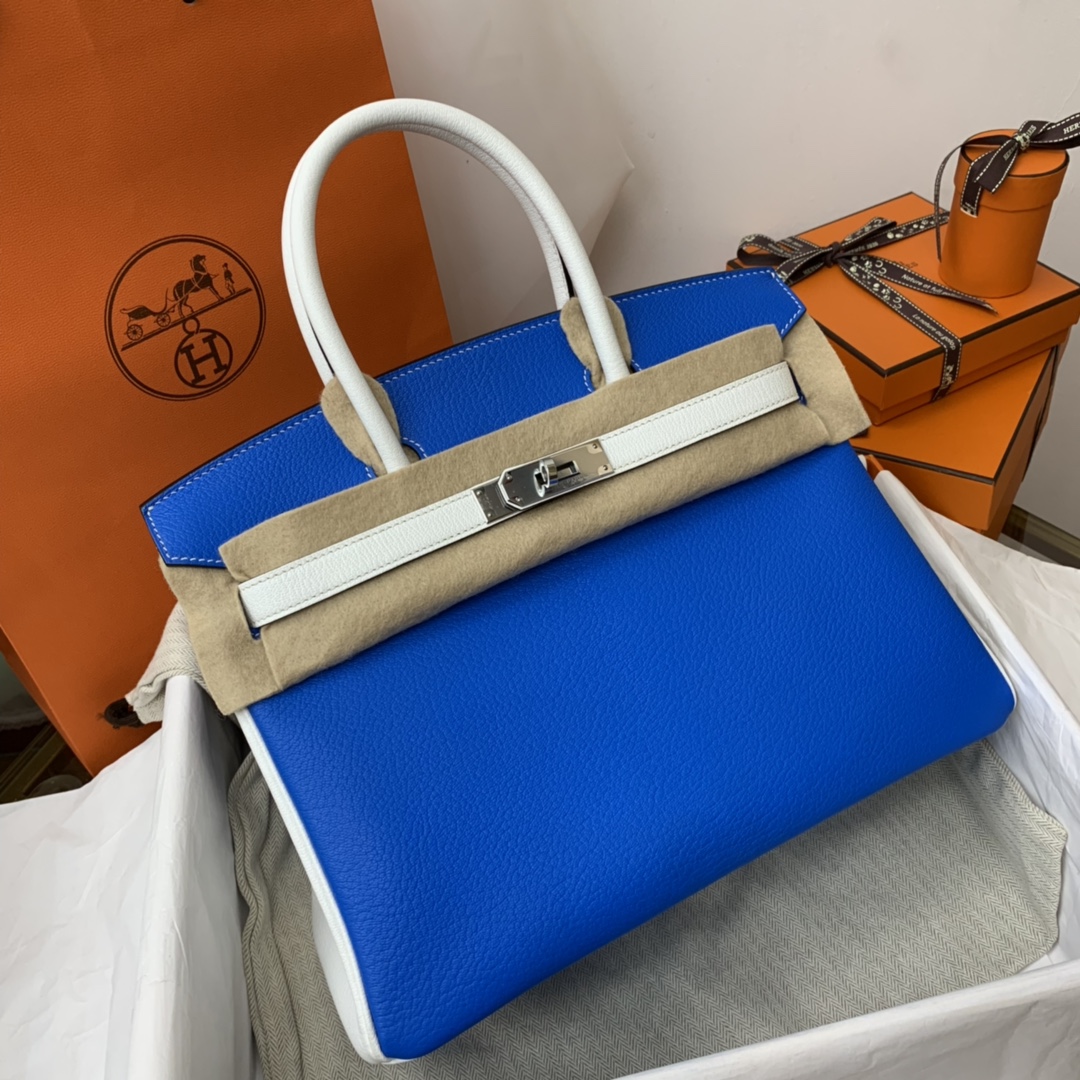 HERMES 爱马仕 birkin 30cm  chevre mysore 山羊皮 7Q希腊蓝拼纯白 银扣 适合网红小姐姐 街拍更加好看 显的独一无二！