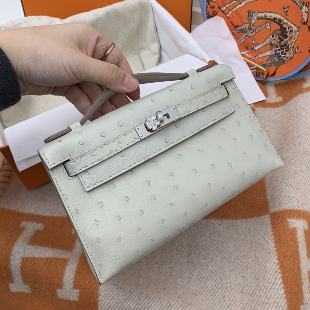 HERMES 22 Kelly pochette一代 稀有鸵鸟皮 手包晚宴包的首选，高级范 配上猪鼻子链子秒变小挎包哦 80 珍珠灰