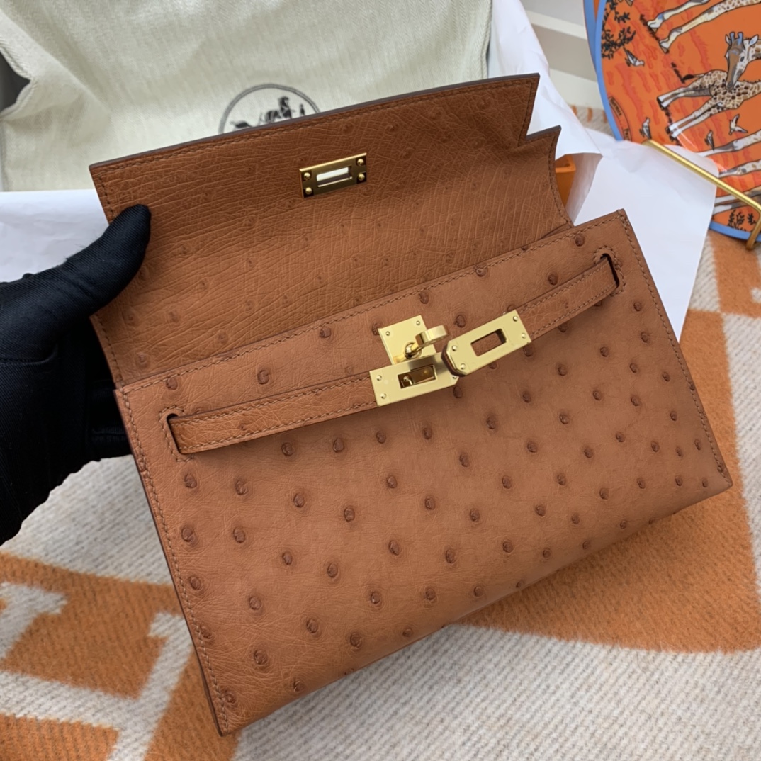 Hermes 22 Kelly pochette一代  稀有鸵鸟皮 手包晚宴包的首选，高级范 配上猪鼻子链子秒变小挎包哦  37 金棕色 百搭金刚大色
